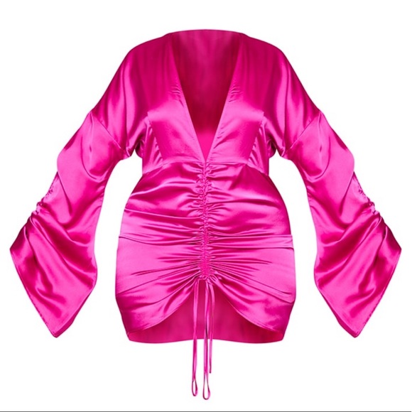 PrettyLittleThing Dresses & Skirts - NWT | PRETTYLITTLETHING | Fuchsia Pink Satin Plunge Dress